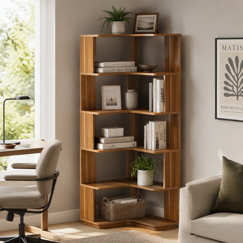 Industrial‑Style 90° Right‑Angle Freestanding Corner Book Shelf, 6‑Tier Storage Rack, Anti‑Drop Panels, Heavy‑Duty 60LB‑Capacity Shelves for Living Room Bedroom Office