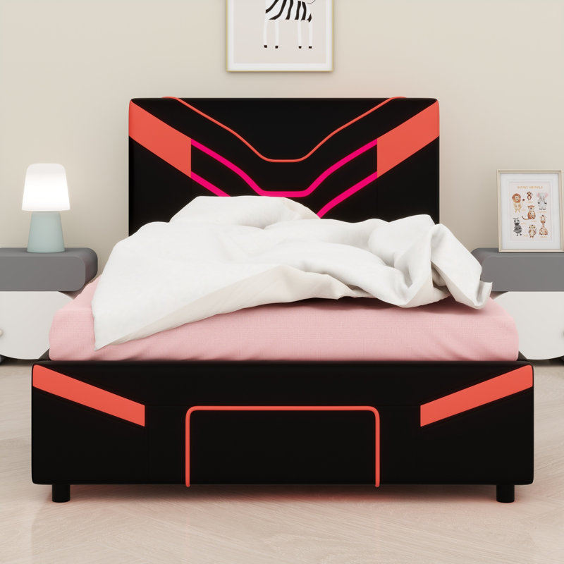Lit plateforme tapissier à DEL avec tiroirs, Rouge
