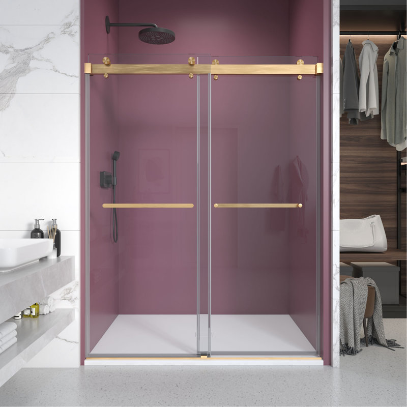 Porte de douche coulissante double sans cadre de 56 à 60 po x H 76 po avec verre transparent de 3/8 po (10 mm), Or brossé