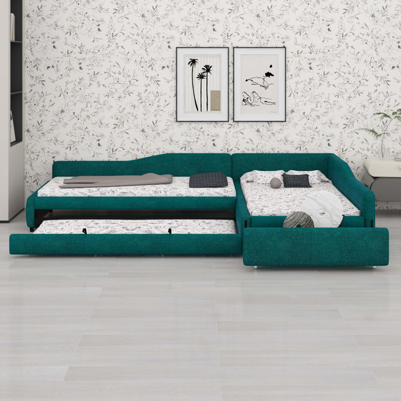 Upholstered Double Daybed With Trundle And Drawer, Green