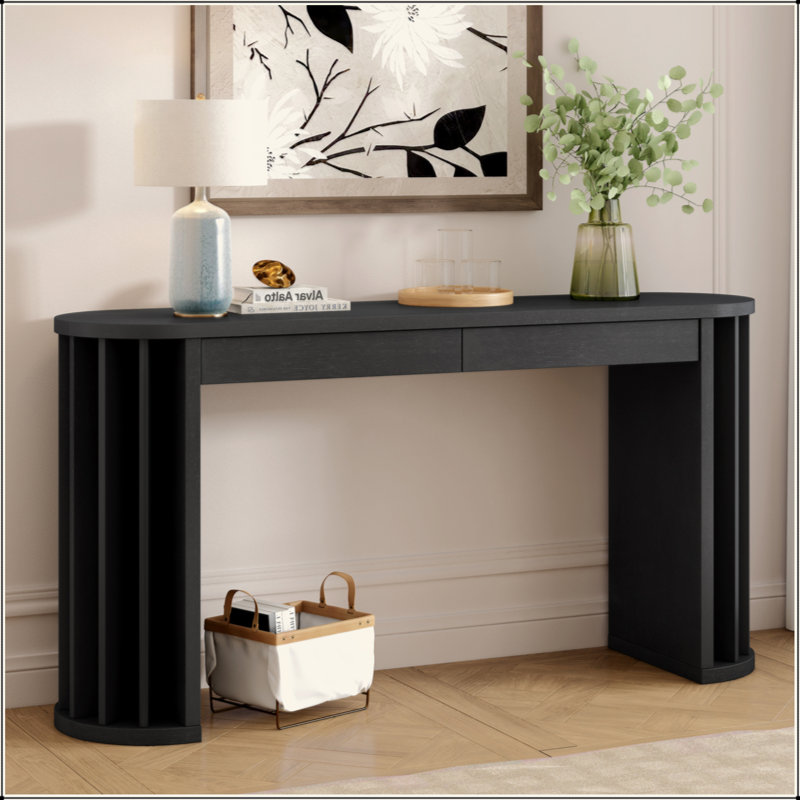 59-Inch Long Console Table,Oak Veneer Sofa Table,Curved And Straight Line Design,Behind The Couch, Farmhouse Entryway Table For Entrance, Hallway, Living Room
