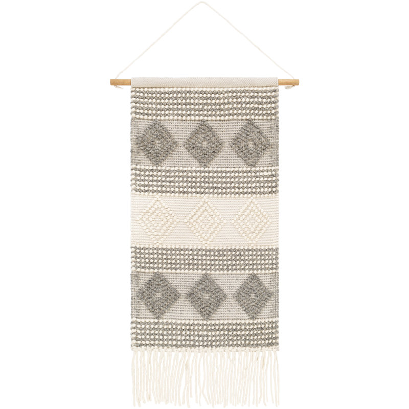 Brinson 44" H Hand-Woven Geometric Wool Blend Wall Hanging, White/Charcoal