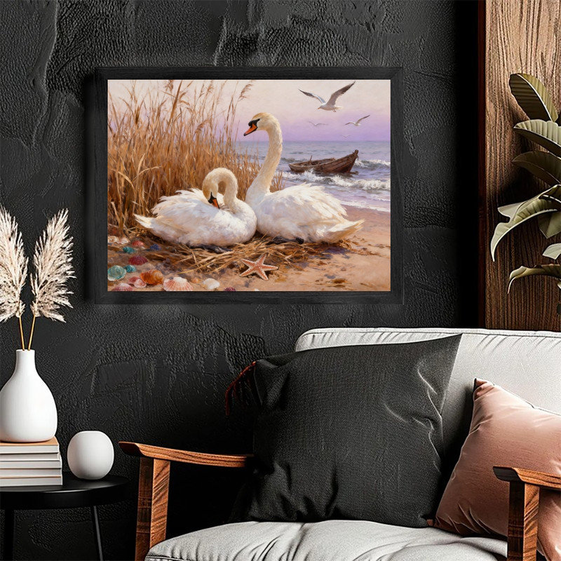 Art encadré noir, plage de cygne, peinture romantique sur la faune de bord de mer encadrée, H 17 po x l 25 po