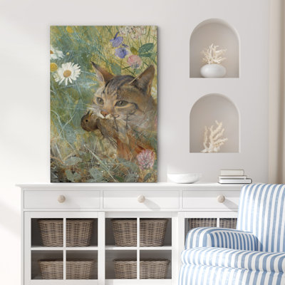 Cat Carrying A Bird In The Grass, Bedroom Artwork, Living Room Wall Decor