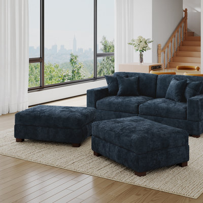 Upholstered Blue Chenille Rectangle Ottoman, Modular Part For Sectional Sofa