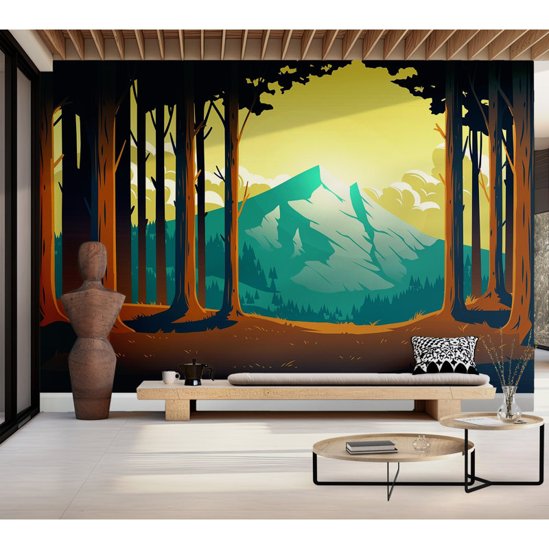 Murale pelez et collez de qualité supérieure - coucher de soleil forêt, L 96 po x l 120 po