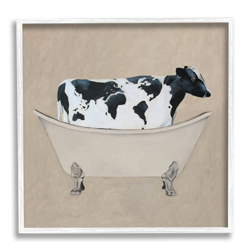 «Rustic Cow Farmhouse Bathroom Bath», encadré sur bois par Coco De Paris, peinture, L 17 po x H 17 po