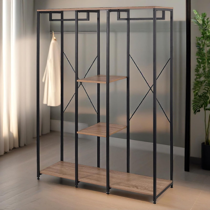 Brano Rustic Industrial Clothes Rail, Metal Open Wardrobe, Clothes Rack, Garment Rack with Shoe Storage