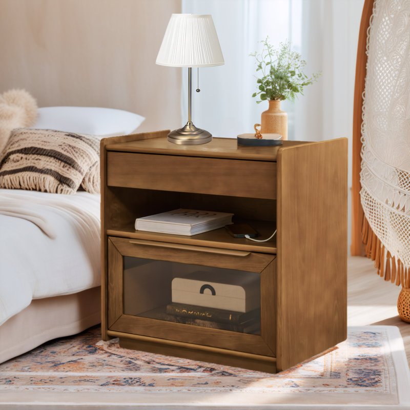 Table de chevet Mid-Century avec chargement USB - Table de bout Farmhouse avec tiroir en verre, Noyer clair