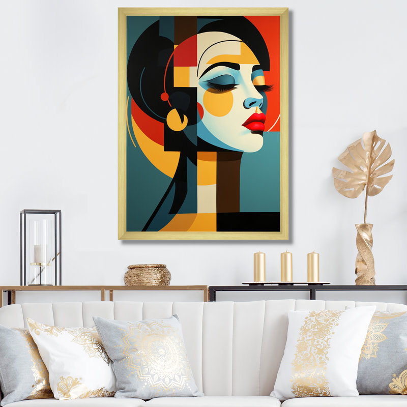 Portrait géométrique d'une femme aimable, impression sur toile, H 44 po x l 34 po x P 1,5 po, Cadre doré simple
