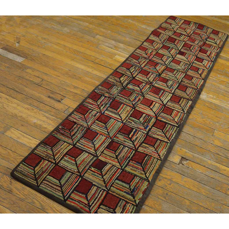 Antique Hooked Folk Art Log Cabin Design American Small Scatter Size Rug