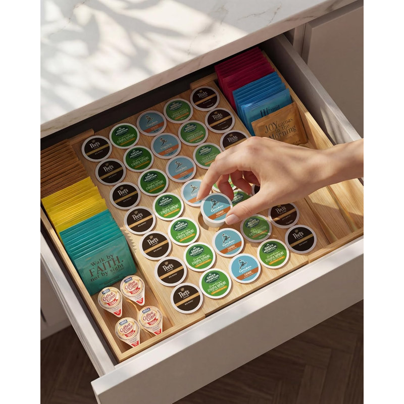 Larger Expandable Bamboo Coffee Pod Holder for Counter Drawer