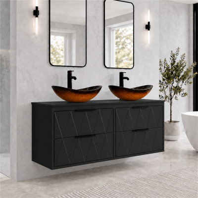 48" Wall Mounted Floating Double Bathroom Vanity with Artistic Vessel Sinks, Hand-Painted, 4 Soft-Close Drawers