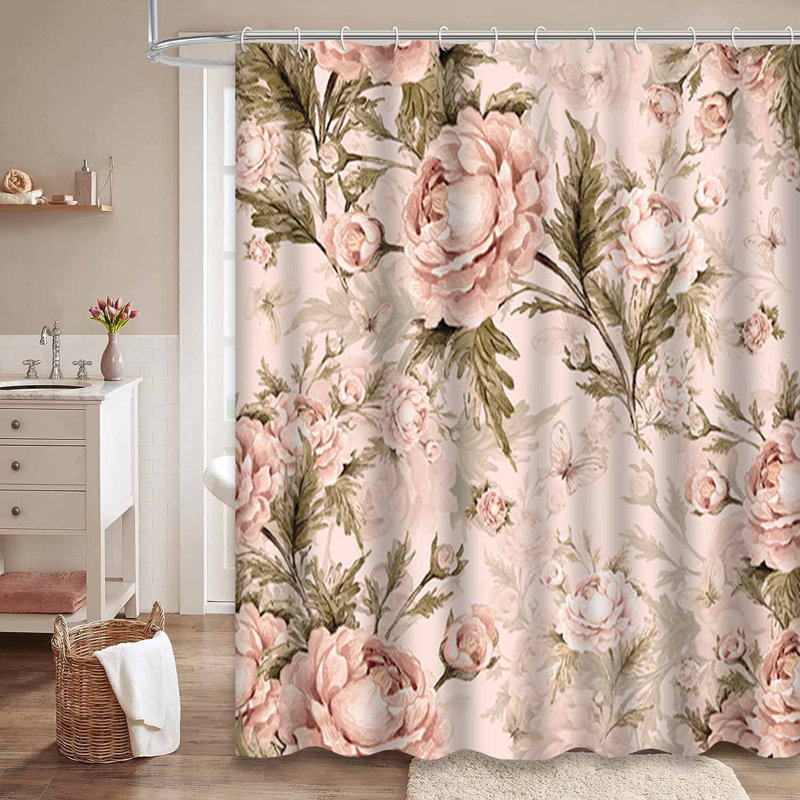 Rideau de douche avec 12 crochets Watercolor Roses Butterflies, L 72 po x l 78 po