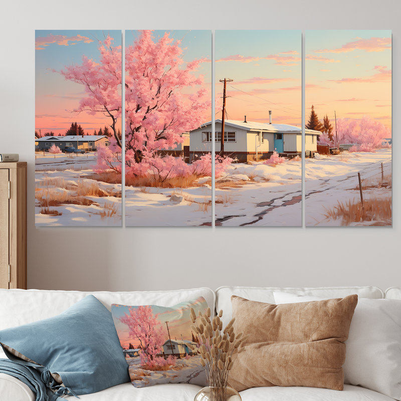 «Dreamy Winter On Trailer Park - Winter Landscape», art mural sur toile 4 pièces, H 28 po x l 48 po