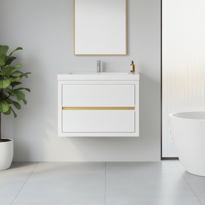 Meuble-lavabo mural 30 po avec comptoir en résine de pierre et rangement à fermeture en douceur