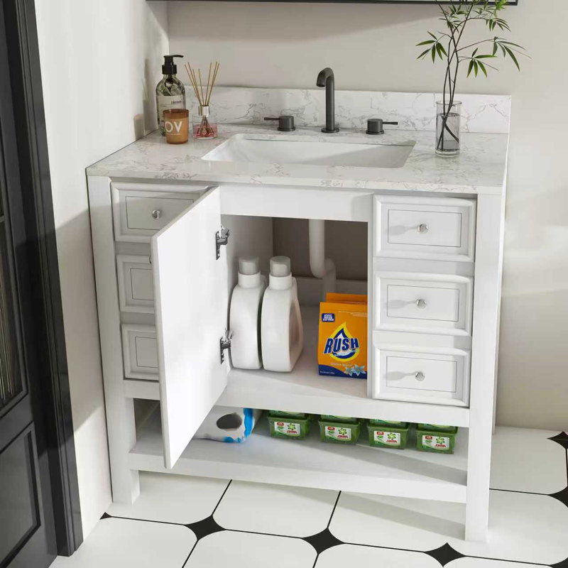 Ensemble de meuble-lavabo moderne de 37 po avec plateau Carrara blanc, armoire de salle de bain multifonctionnelle avec portes et tiroir, cadre et panneau en MDF (trois trous de robinet)