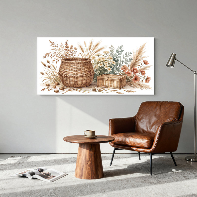 Panier tressé avec blé séché et fleurs blanches - Toile murale aux tons naturels, 20"W x 10"H