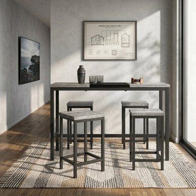 Long Dining Table Set with 3 Stools, Modern Pub Table with Convenient Hanging Stool Storage, Kitchen Counter Table Set in Grey and Black