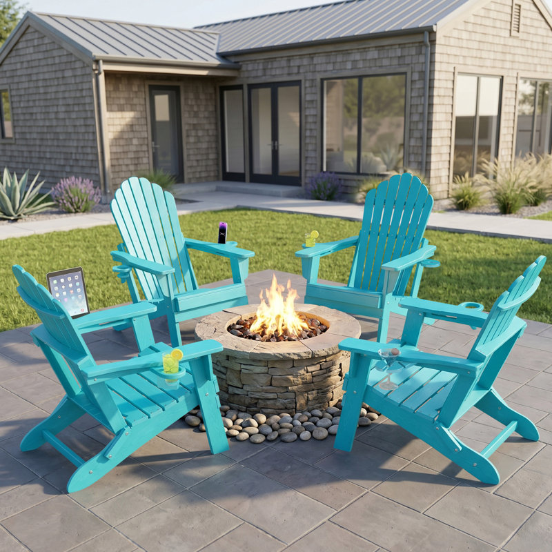 4-Person Folding Adirondack Chair Set – Hdpe All-Weather Outdoor Patio Seating With Dual Cup Holders, Turquoise