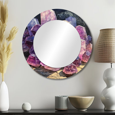 Cristaux énergétiques roses et mauves à la lune I - Art mural miroir traditionnel - imprimé sur métal