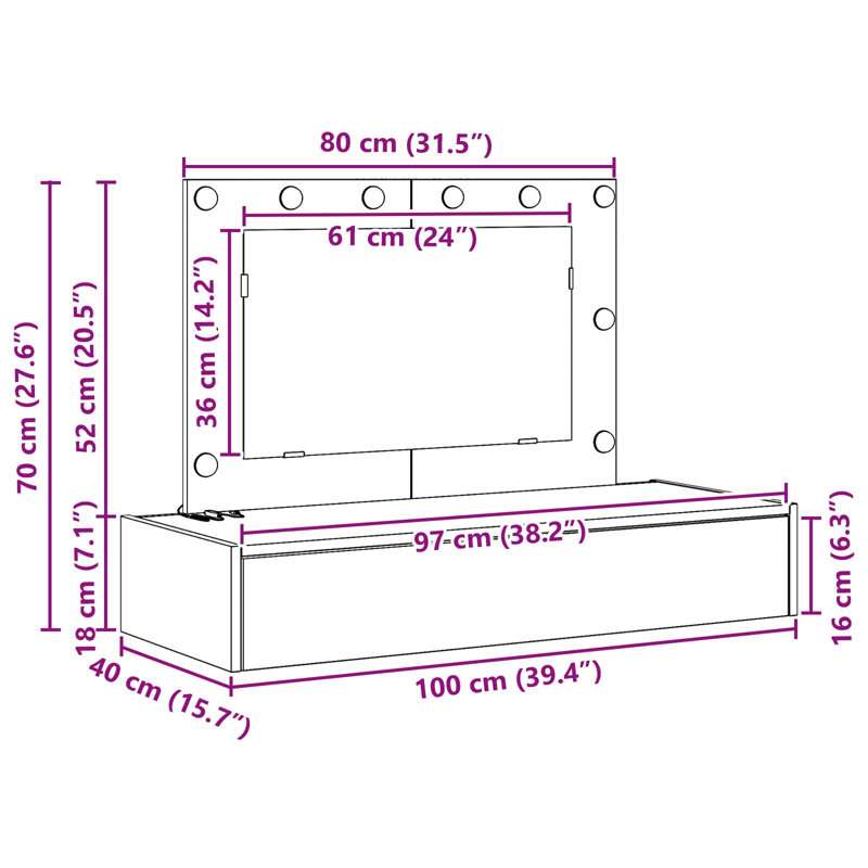 Wall Mounted Dressing Table With LED Lights, Grey Sonoma