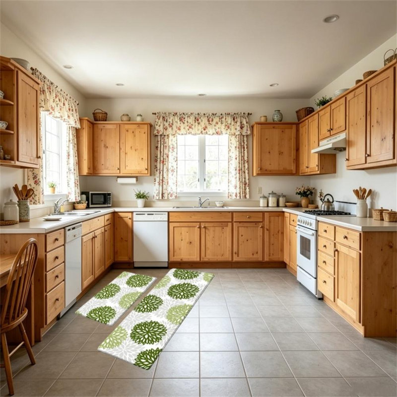 Floral Non-Skid Kitchen Mat, Green/White