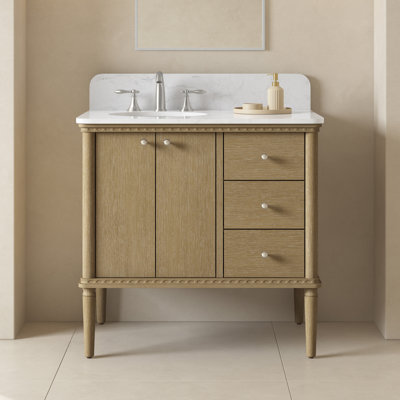 Meuble-lavabo simple OVE Helena 91 cm (36 po) en chêne antique avec comptoir en pierre reconstituée blanche et quincaillerie en nickel brossé