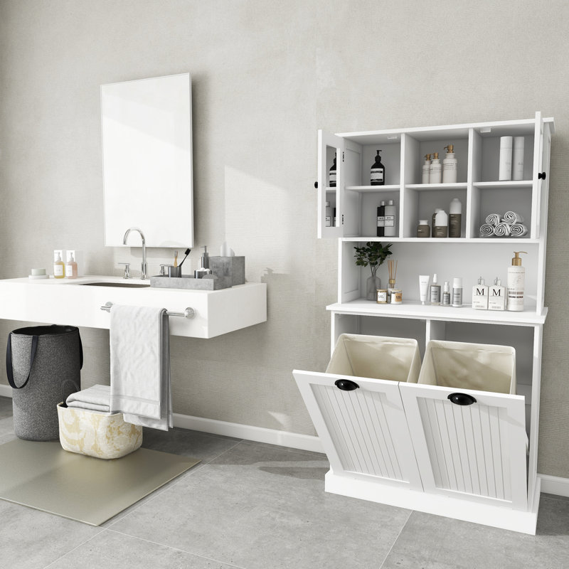 Armoire de rangement pour panier à linge Space - blanc avec deux compartiments et sacs Option de couleur stable et fonctionnelle