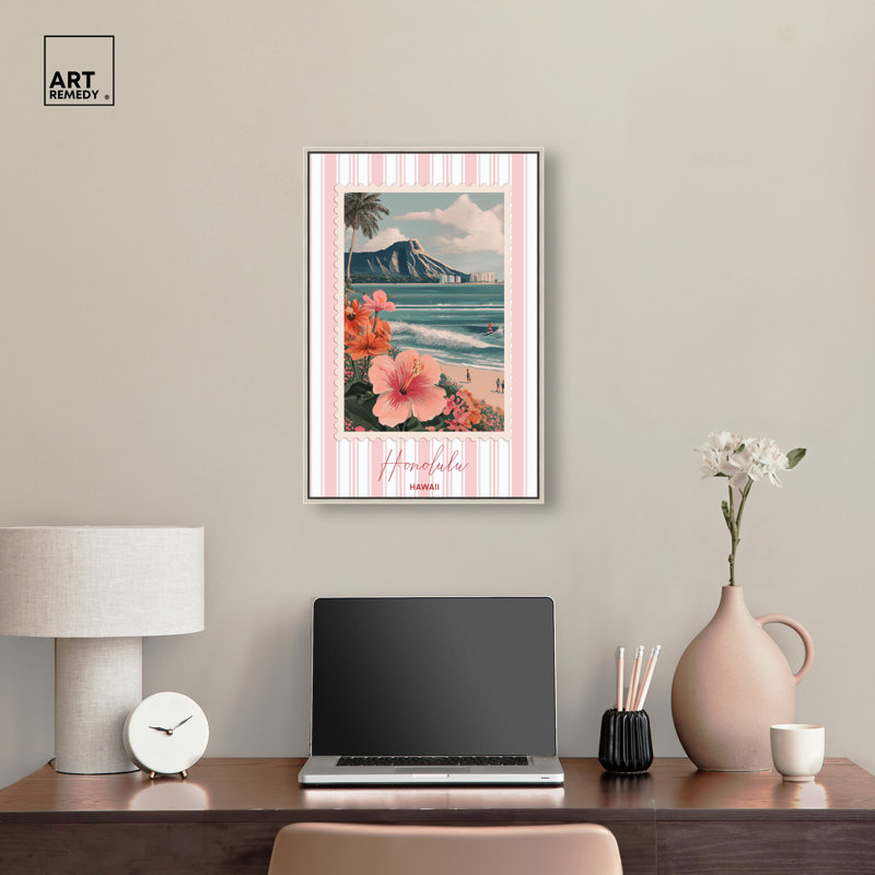 «Honolulu Travel Stamp», impression sur toile encadrée par Art Remedy, cadre argenté, 16 x 24, H 25 po x l 17 po