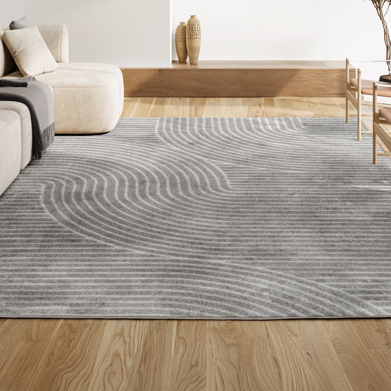 Hallie High-Low Minimalist Curve Geometric Gray/Ivory Indoor/Outdoor Rug, Rectangle 11'10" x 18'