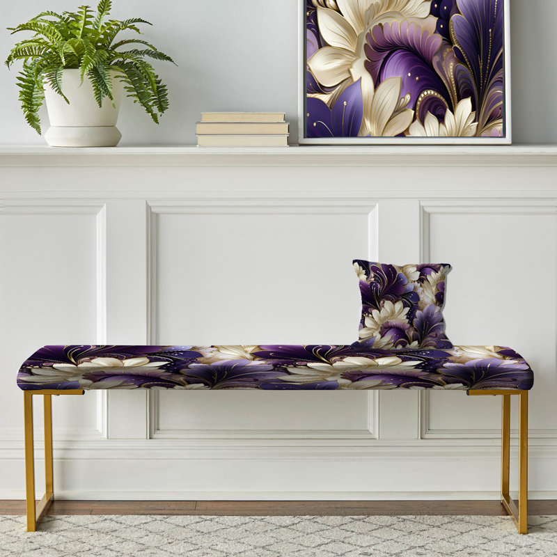 Upholstered Gold Bench, Damask Purple And White Art Deco