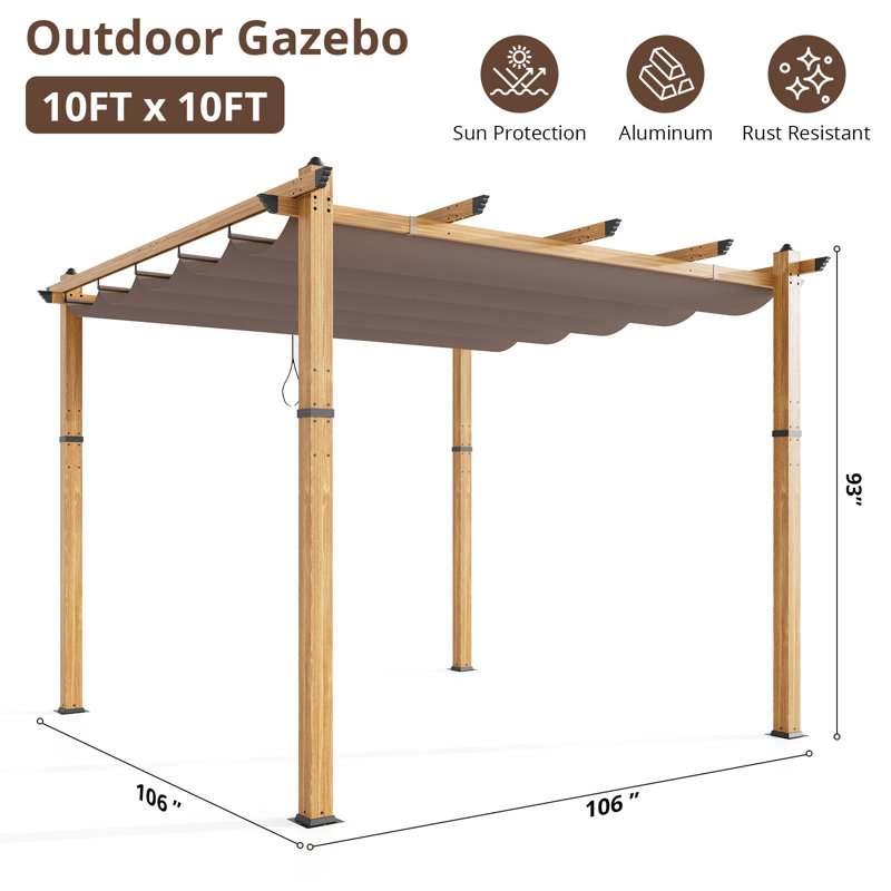 10x10 FT Grey and Brown Patio Pergola Metal Outdoor Sun Shade Canopy with Retractable Roof for Garden Porch Backyard