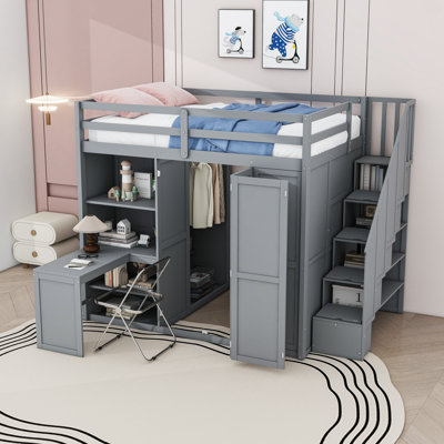 Lit mezzanine double en bois avec espace de travail intégré et garde-robe