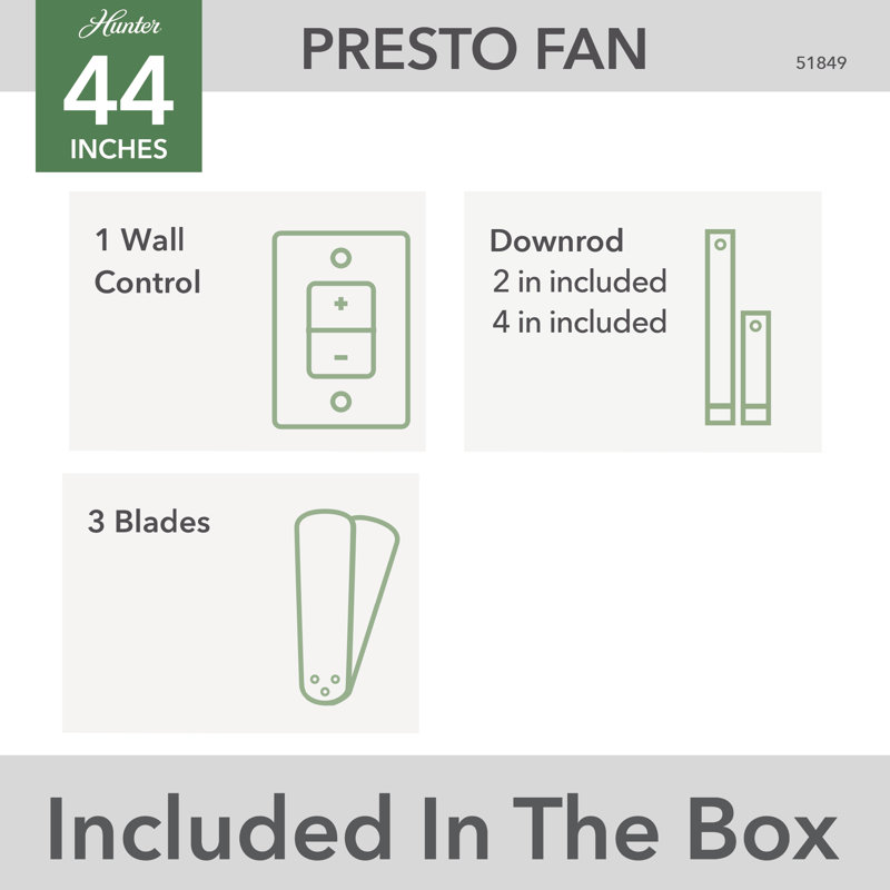 Presto 44" 3 - Blade Modern Indoor Small Room Ceiling Fan with Wall Control, Silver