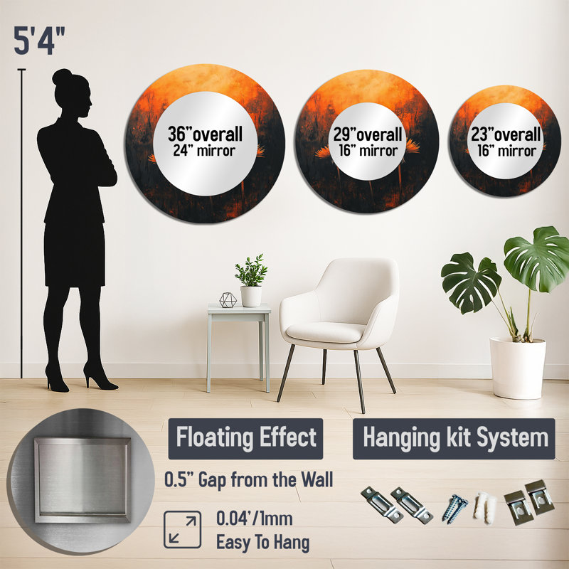 Inferno pissenlit en symétrie orange et noire - miroir mural floral - imprimé sur métal, 29 po x 29 po