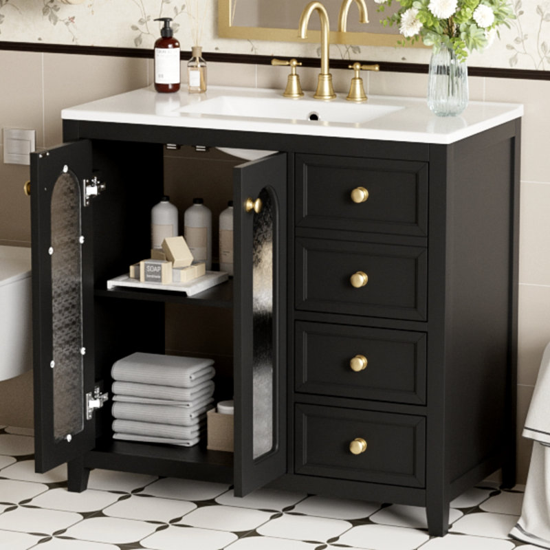 Meuble-lavabo de 36 pouces avec deux portes à fermeture douce, tablettes réglables et trois tiroirs, meuble-lavabo, Noir