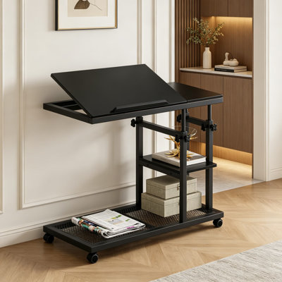 Table de bout en forme de C, table d'appoint haute de 34 pouces pour canapé, table de canapé à hauteur réglable avec plateau inclinable, petite table d'appoint coulissante sous roulettes et tablette de rangement pour la chambre du salon