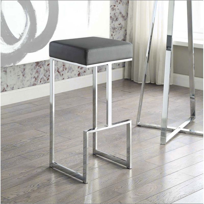Tabouret de bar rembourré gris et chrome, Gris