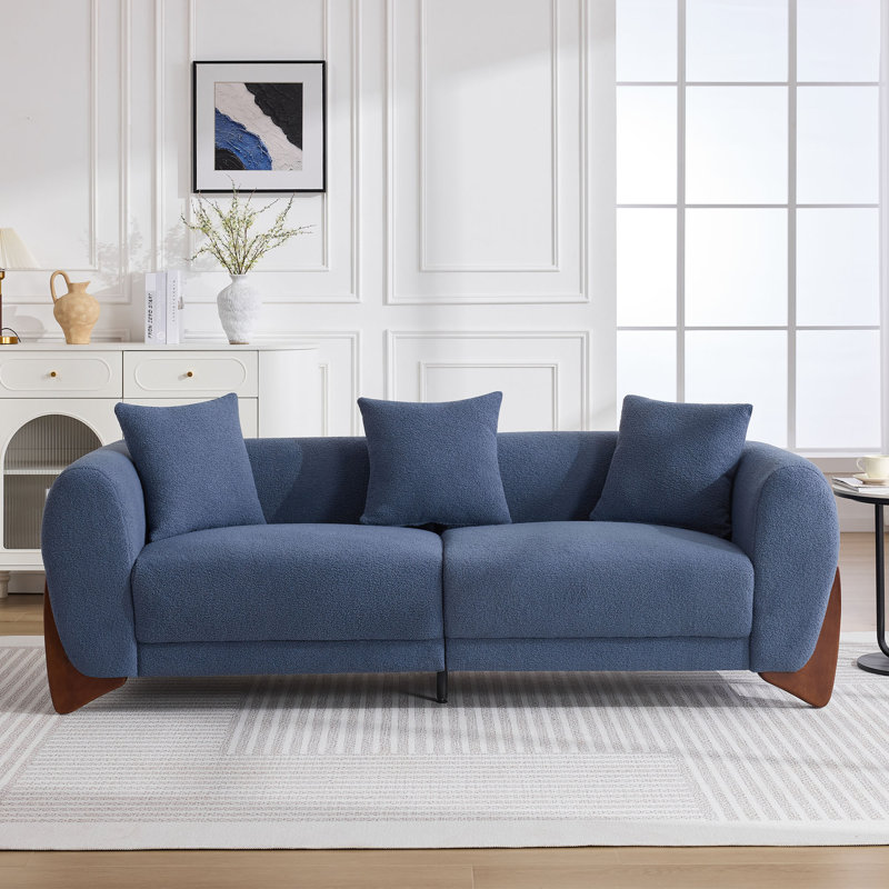 87" Upholstered Sherpa Boucle Sofa with Solid Wood Legs, Blue