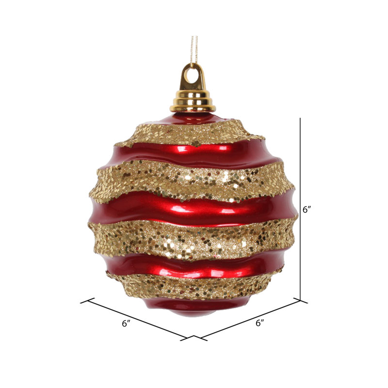 Ornement de Noël boule rayée et scintillante, H 6 po x l 6 po x P 6 po, Rouge / doré