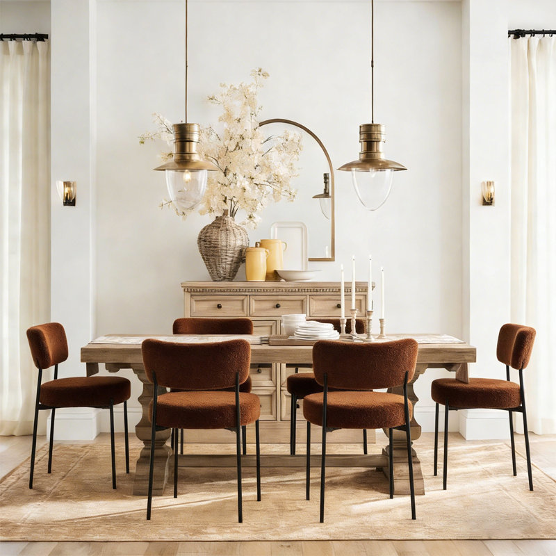 Boucle Dining Chairs Set of 2, Kitchen Chairs Set of 2 with Cushion and Curved Backrest for Living Room Restaurant, Brown