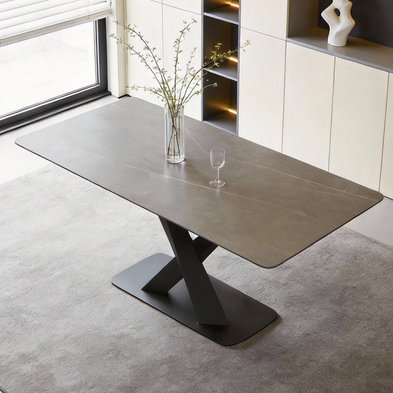 Grey Sintered Stone Dining Table with Black Carbon Steel Cross Legs, Modern Minimalist Design Fast Dispatch From UK Warehouse – Dispatched Within 2 Days