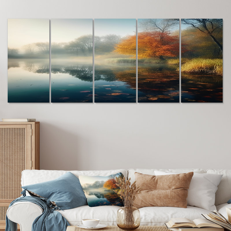«Morning Mist Over Early Autumn Forest Lake - Lake», art mural pour le salon, 5 pièces, H 32 po x l 80 po