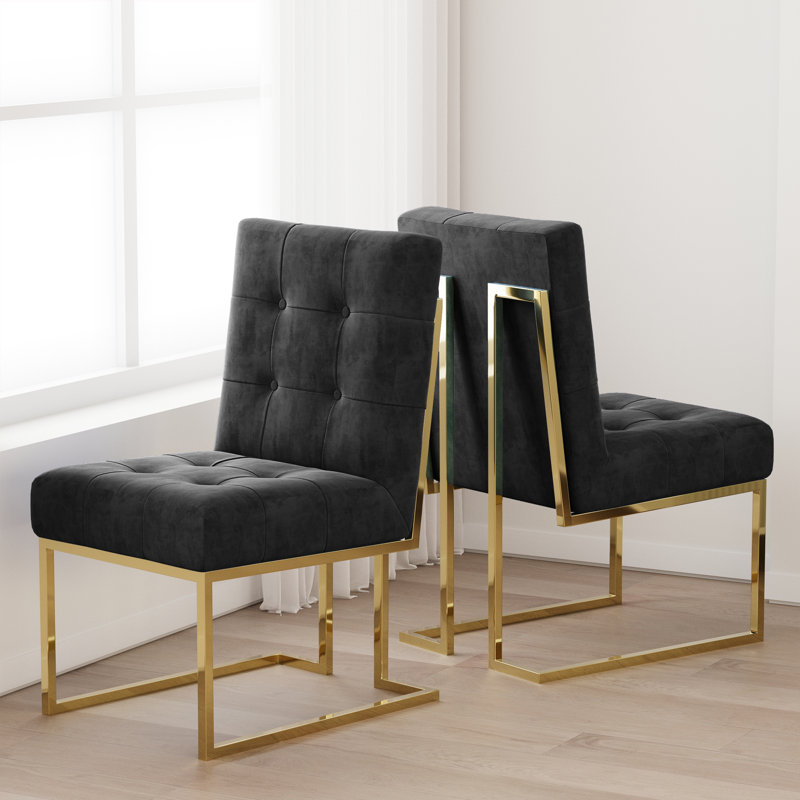 Kushma Tufted Velvet Upholstered Back Side Chair Dining Chair (Set of 2), Gold, Black