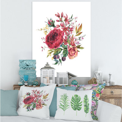 «Vintage Burgundy Rose And Wildflowers» - reproduction d'art sur toile tendue