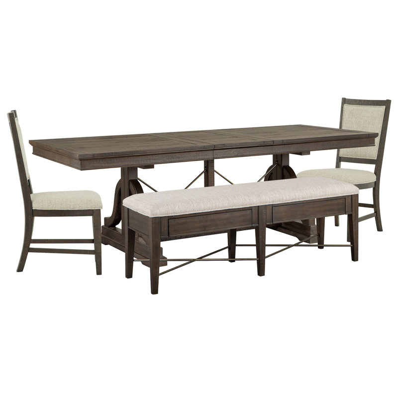 Extendable Trestle Dining Table With 2 Upholstered Side Chairs And Upholstered Bench, 4 Pieces: Table, Bench, 2 Chairs