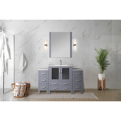 54 In. Wide Single Bath Vanity In Dark Grey, White Ceramic Top, Faucet Included, Soft - Close Feature, And 8 Drawers For Ample Storage Grey W Bathroom With Stainless Steel Faucet, Closing Drawers,