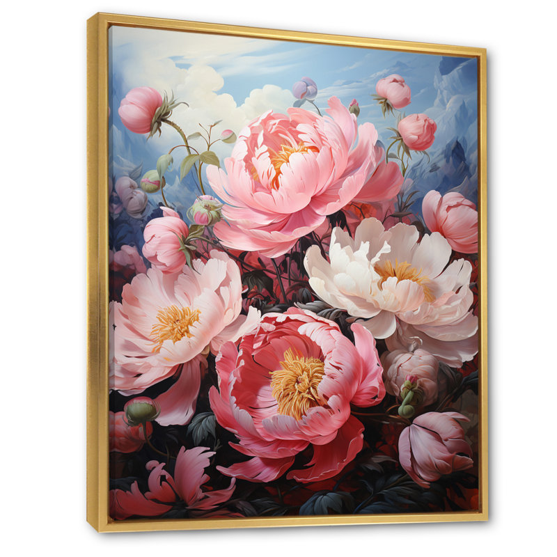 Meadow Peony Paradise - impressions sur toile florales et botaniques, Cadre flottant doré, H 32 po x l 16 po x P 1 po