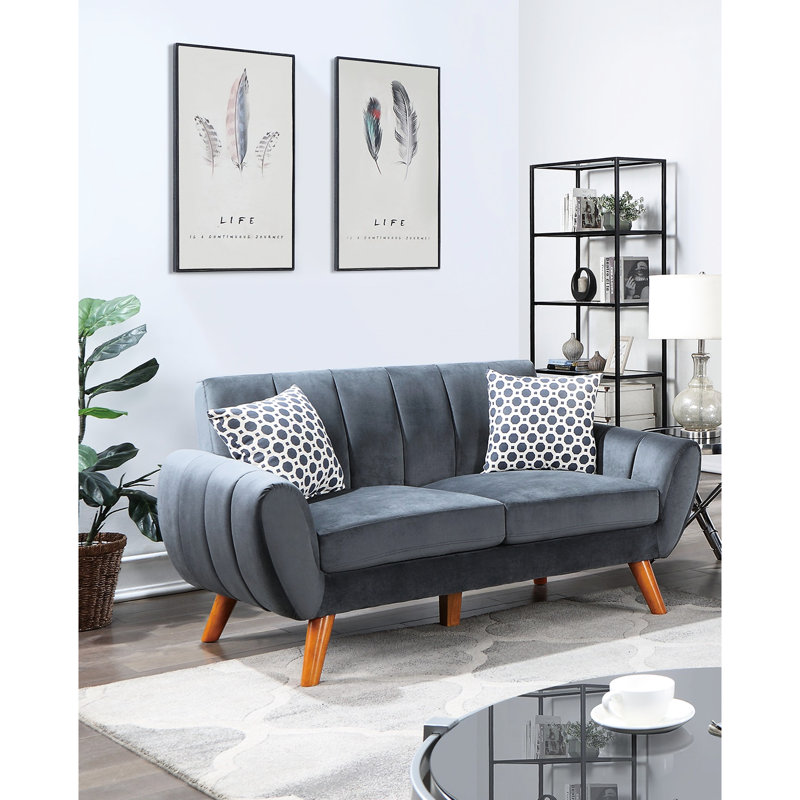 Canapé moderne en velours gris foncé: 2 avec coussins et capitonnage vertical pour la maison 2 en velours: contemporain
